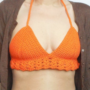 Crochet Bikini Halter Top in Tangerine Cotton, US Size Small, ready to ship.