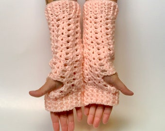 Sparkling Peach Wrist Warmer Gloves, vegan friendly, ready to ship.