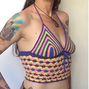 Neon Striped Crochet Halter Crop Top, ready to ship.