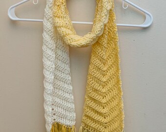 Crochet Wrap Scarf in Saffron and Soft White Chevron with Fringe, ready to ship.