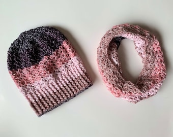 Slouchy Hat and Circle Scarf Set in Pink and Grey, ready to ship.