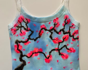 Cherry Blossoms, hand painted tank top in white, Size small, ready to ship.
