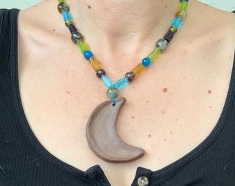 Crescent Moon Pendant Necklace, Hand Sculpted Rustic Stoneware, beaded chain, ready to ship.