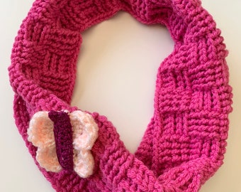 Textured Basket Weave Infinity Cowl Scarf with Butterfly in Antique Rose, crochet neck warmer, ready to ship.