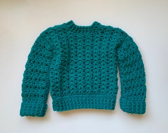 Girls Pullover Crochet Baby Sweater in Deep Teal, Size 12-18 Months, ready to ship.