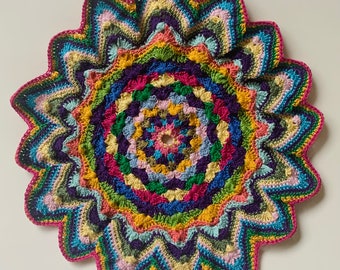 Crochet Mandala Doily in Multicolor Cotton, ready to ship.