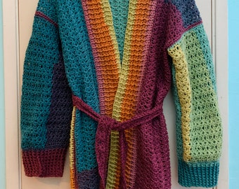 Crochet Duster Cardigan Sweater with Sash Belt, multicolored, ready to ship.