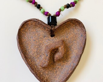 Music Note Heart Pendant Necklace, Hand Sculpted Rustic Stoneware, ready to ship.