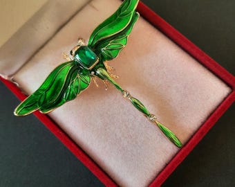 Spilla a forma di libellula in cristallo verde e smalto, spilla a forma di scialle, spilla a forma di insetto, mosca, gioiello in stile vintage (X03)