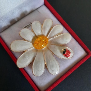 May include: A daisy-shaped brooch with white enamel petals and a gold-tone rim. The center is a textured amber-colored stone. A small red ladybug with black spots is on one of the petals. The brooch is in a red velvet box.