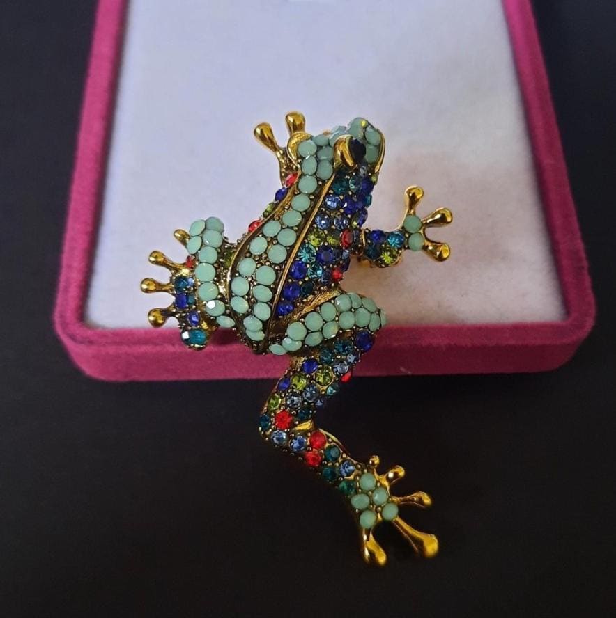 Broche émaillée Grenouille Et Son Bébé - Alliage Argenté 2 Microns, Occasion Comme Neuve