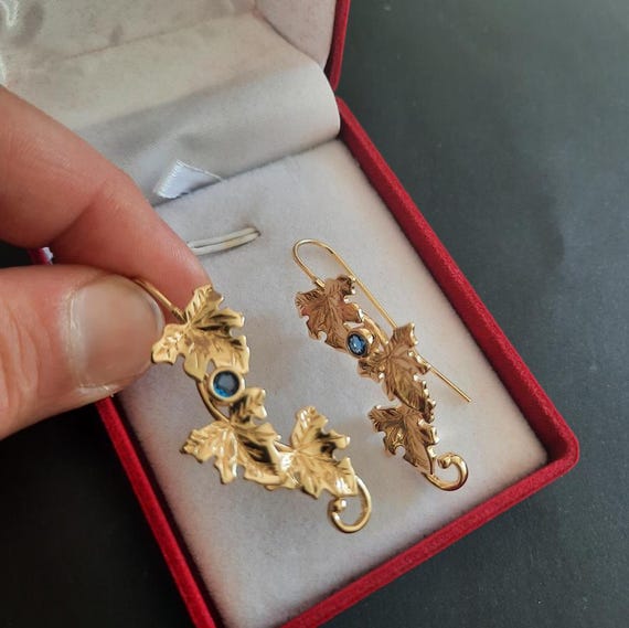 Vintage Inspired Ivy Leaf Drop Earrings Gold Tone with Blue Stones, Botanical Statement Earrings, Nature Lover Gift View 5