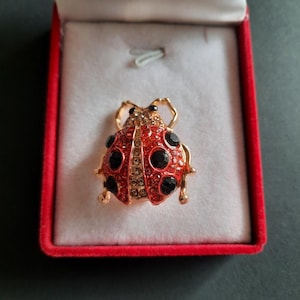 Peut inclure: Broche dorée en forme de coccinelle, avec des détails rouges et noirs, ornée de cristaux étincelants. La broche est présentée dans un écrin de velours rouge à intérieur blanc, idéale pour offrir ou exposer.