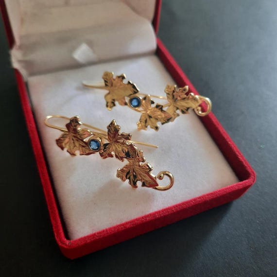 Vintage Inspired Ivy Leaf Drop Earrings Gold Tone with Blue Stones, Botanical Statement Earrings, Nature Lover Gift View 2