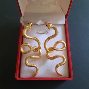 May include: A pair of gold-toned snake-shaped earrings with a textured, scaled surface. Each earring features a coiled body design with a small dark accent on the head, presented inside a red jewellery box with a white interior lining.