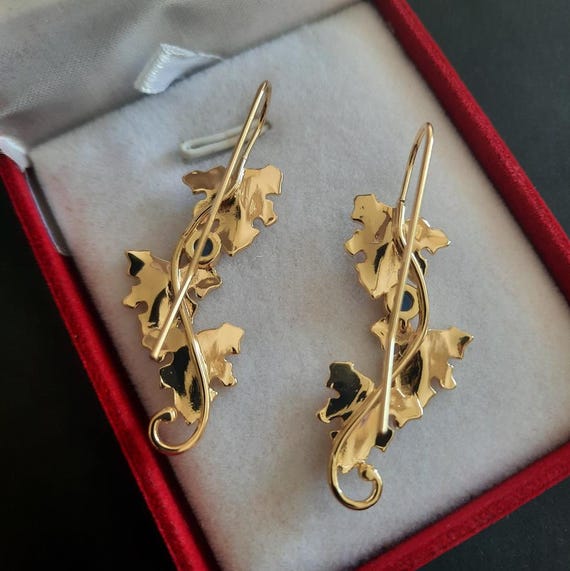 Vintage Inspired Ivy Leaf Drop Earrings Gold Tone with Blue Stones, Botanical Statement Earrings, Nature Lover Gift View 6