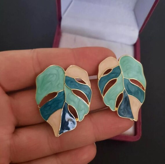 Statement Earrings Fine Monstera Leaf Large Stud … - image 6