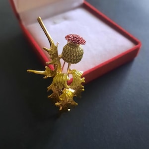 Op de afbeelding: Een goudkleurige metalen broche in de vorm van een distel. De broche heeft een gedetailleerd ontwerp van een distelbloem met een rode top en groene bladeren. De broche wordt gepresenteerd in een rode sieradendoos.