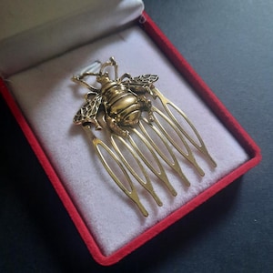 Könnte beinhalten: Ein goldfarbener Haarkamm mit einem detaillierten Bienenmotiv. Die Biene, mit ihren detaillierten Flügeln und ihrem Körper, steht im Mittelpunkt. Der Kamm wird in einer roten Samtbox mit weißem Innenraum präsentiert.