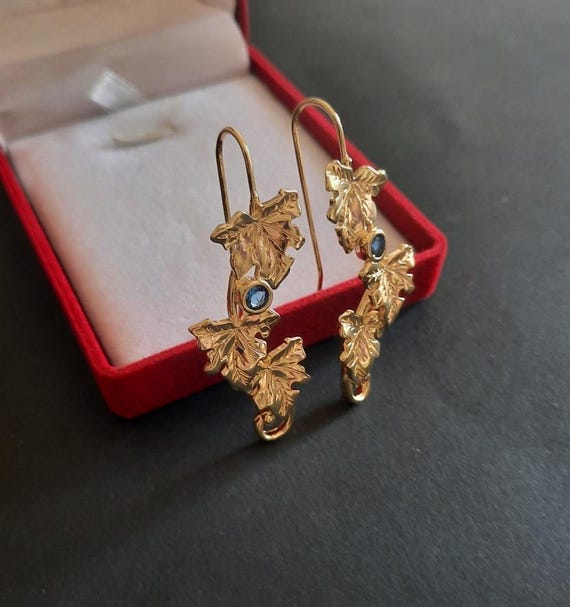 Vintage Inspired Ivy Leaf Drop Earrings Gold Tone with Blue Stones, Botanical Statement Earrings, Nature Lover Gift
