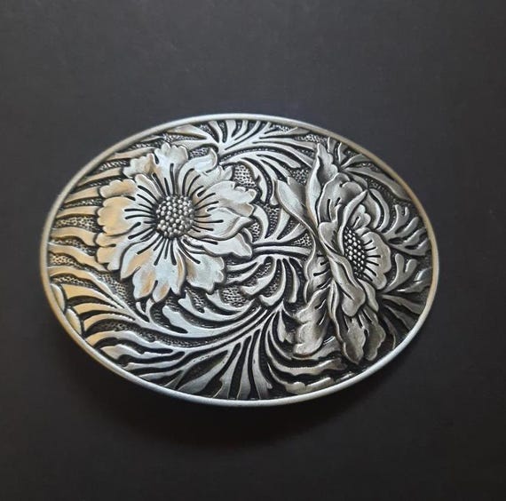 Floral Design Belt Buckle Silver Tone Metal Flowers Belt  display picture 3