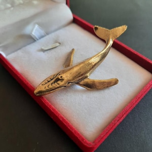 Peut inclure: Une broche en forme de baleine de couleur or métallique avec une finition texturée, présentant des rainures détaillées le long de la tête et des nageoires pectorales allongées, présentée dans un écrin rectangulaire rouge.