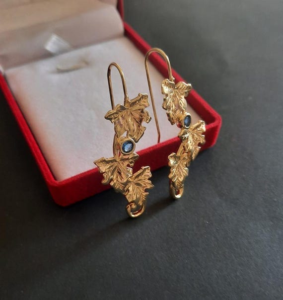 Vintage Inspired Ivy Leaf Drop Earrings Gold Tone with Blue Stones, Botanical Statement Earrings, Nature Lover Gift View 4