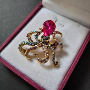 Strass & Kristall Gold Ton Oktopus Brosche Pin Abzeichen Steampunk Style Schmuck Ocean Creatures