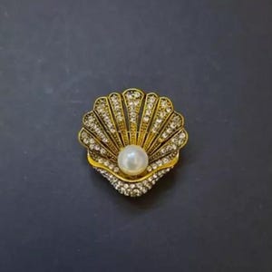 Vintage Art Deco Style Faux Pearl Oyster Clam Shell Brooch Pin Gold Tone Gatsby Badge Jewellery & Accessories
