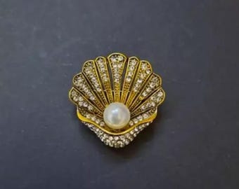 Vintage Art Deco Style Faux Pearl Oyster Clam Shell Brooch Pin Gold Tone Gatsby Badge Jewellery & Accessories
