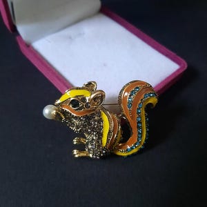 May include: A gold-tone squirrel brooch with a pearl accent. The squirrel is decorated with yellow, orange, and blue enamel and rhinestones.