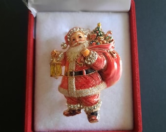 Santa Claus Brooch with Rhinestones & Enamel, Festive Christmas Pin, Holiday Jewelry Gift, St. Nick Christmas Pin Badge (X09)