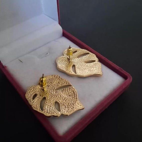 Statement Earrings Fine Monstera Leaf Large Stud … - image 5