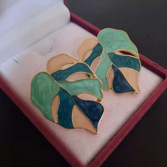 Statement Earrings Fine Monstera Leaf Large Stud … - image 1