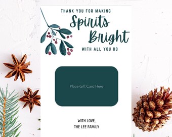 Christmas Gift Card Holder, Spirits Bright Gift Card, Teacher Gift Card Holder, Editable Gift Card Holder