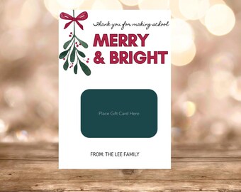 Holiday Gift Card Holder, Teacher Gift Card Holder, Christmas Gift Card Printable, Editable Gift Card Template, Merry and Bright