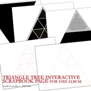 May include: A digital scrapbook page design featuring a triangle tree with a black and white geometric pattern. The design is for a 10x8 inch album and includes studio3 cut files and PSD files.