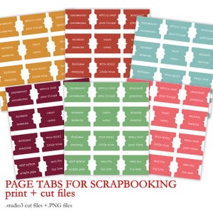 Puede incluir: Una colección de pestañas de página coloridas para scrapbooking, con frases como "momentos" y "cosas buenas". Las pestañas son en tonos de naranja, rojo, verde y rosa, con texto blanco. La imagen incluye el texto "PAGE TABS FOR SCRAPBOOKING print + cut files".