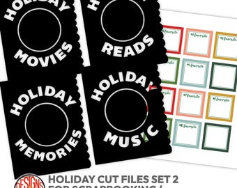 Puede incluir: Archivos de corte negros para scrapbooking con texto blanco que dice "Holiday Movies", "Holiday Reads", "Holiday Memories" y "Holiday Music". También se incluye una hoja de marcos coloridos. El texto "Holiday Cut Files Set 2" también es visible.