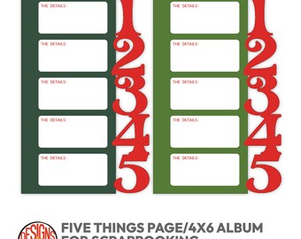 Puede incluir: Dos páginas de álbum de recortes con fondo verde oscuro y cinco cajas rectangulares blancas etiquetadas como "THE DETAILS". Los números rojos del 1 al 5 están en el lado derecho. El texto "FIVE THINGS PAGE/4X6 ALBUM FOR SCRAPBOOKING" está en la parte inferior.