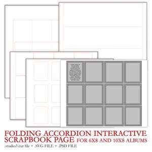 Könnte beinhalten: Weiße Scrapbook-Seiten mit roten Rasterlinien und grauen Fotoboxen. Die Seiten sind für Alben mit 15,24 x 20,32 cm und 25,4 x 20,32 cm konzipiert. Der Text unten lautet "FOLDING ACCORDION INTERACTIVE SCRAPBOOK PAGE FOR 6X8 AND 10X8 ALBUMS".