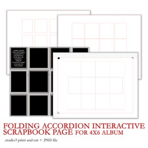 May include: A printable scrapbook page template for a 4x6 album. The page is designed to be folded into an accordion style, creating an interactive display for photos. The template includes a grid of squares for photos and a space for text.
