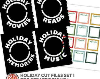 Puede incluir: Archivos de corte negros para scrapbooking, con las palabras "Holiday Movies", "Holiday Reads", "Holiday Memories" y "Holiday Music". Incluye una hoja de marcos coloridos para recuerdos favoritos. Texto: "Holiday Cut Files Set 1 for Scrapbooking".