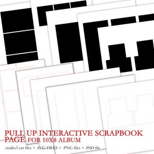 May include: A digital scrapbook page template for a 10x8 inch album. The template features a pull-up interactive design with multiple photo slots. The template is available in studio3 cut files, SVG files, PNG files, and PSD file formats.