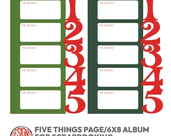 Puede incluir: Dos páginas de álbum de recortes con un fondo verde y verde oscuro, cada una con cinco espacios rectangulares etiquetados "THE DETAILS:" y grandes números rojos del 1 al 5. También es visible el texto "FIVE THINGS PAGE/6X8 ALBUM FOR SCRAPBOOKING".