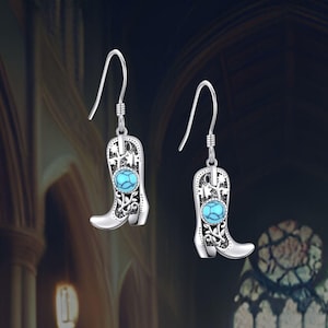 Cowboy Boot Earrings Turquoise 925 Sterling Silver Dangle Drop Earrings Cowgirl Jewelry for Women