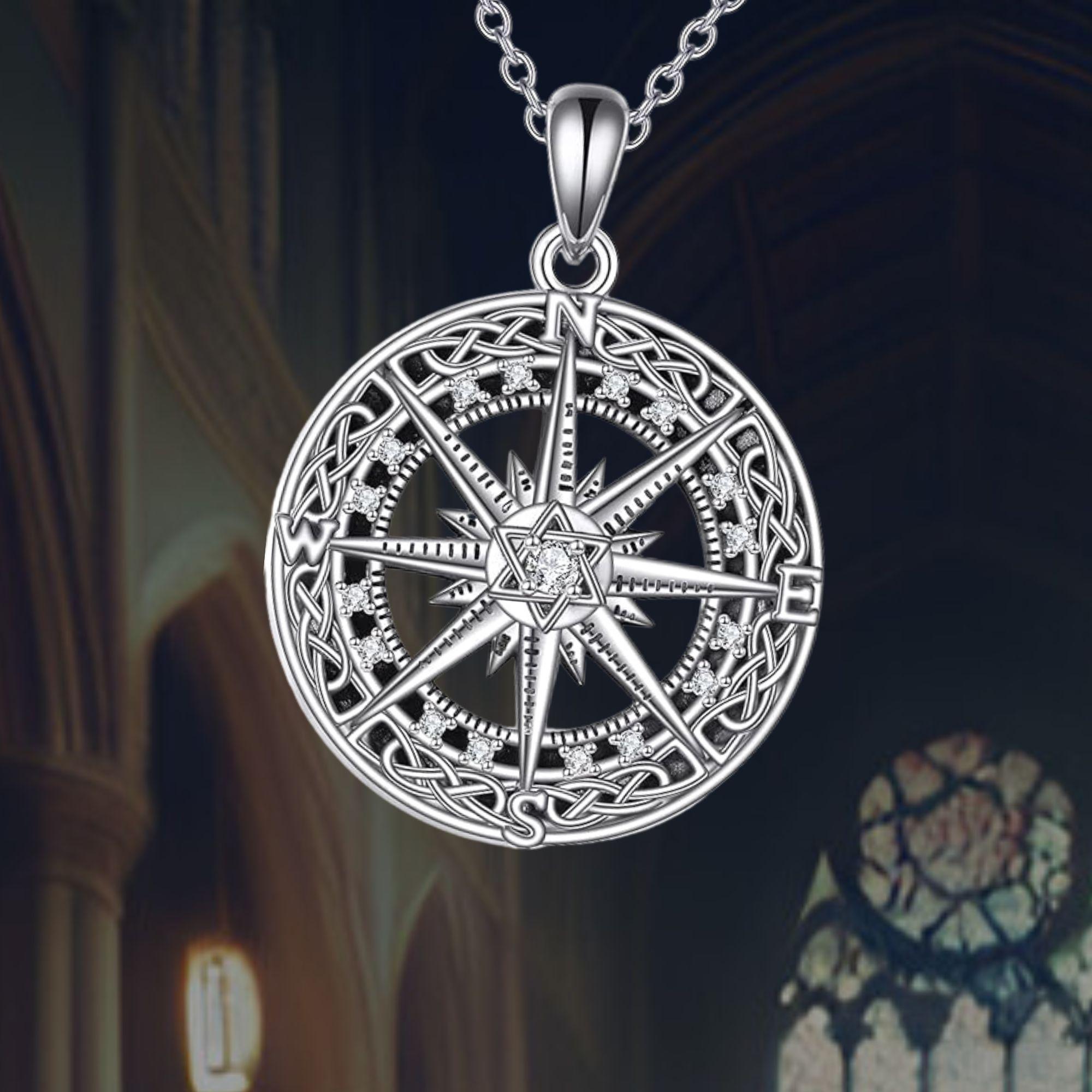 Celtic Knot Compass Necklace 925 Sterling Silver Cross Pendant