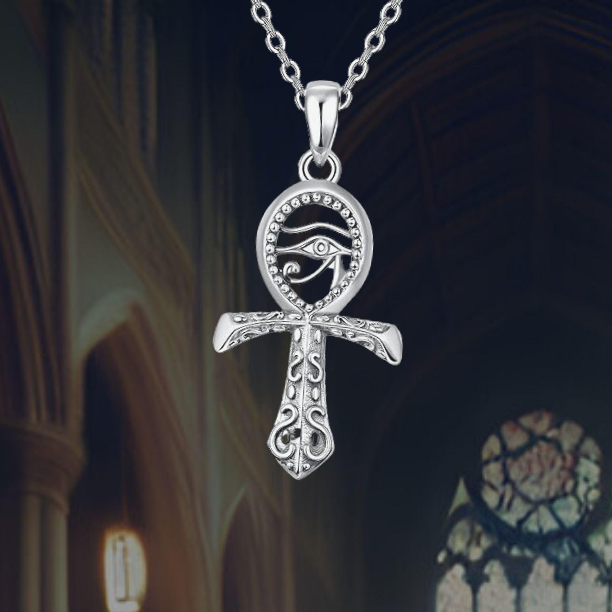 unift Collana con croce Ankh e piramide Eye of Horus per donna e uomo in acciaio inossidabile, gioiello amuleto dell'antico Egitto, idea regalo ( argento