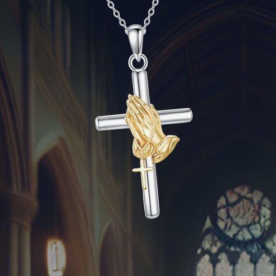 Praying Hands Cross Necklace Sterling Silver Cross Pendant