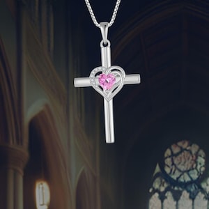 Collar con cruz cristiana y colgante de corazón de amor en plata de ley 925 para mujer